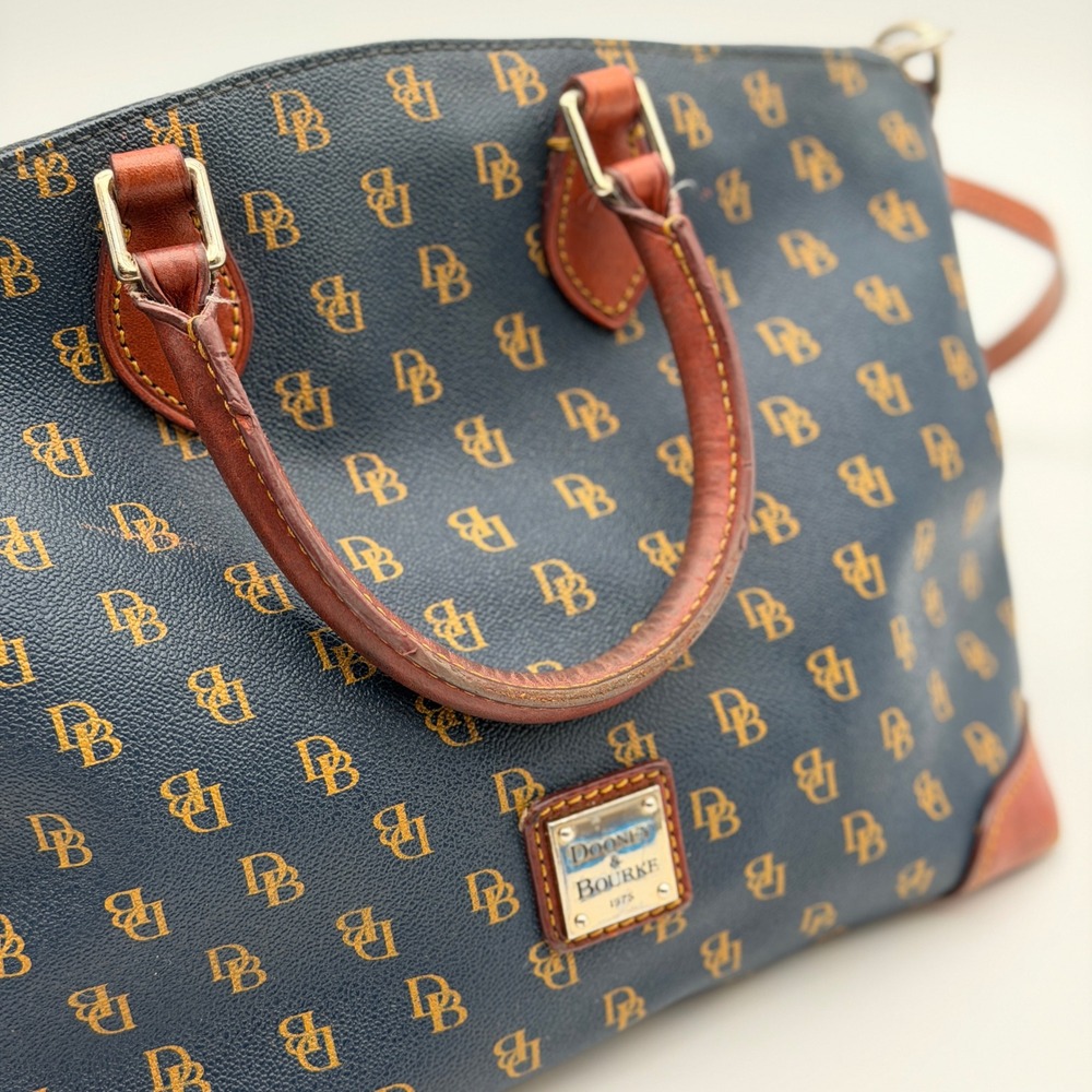 Dooney & Bourke Navy Monogram Satchel Crossbody Bag Cognac Leather‎ Trim